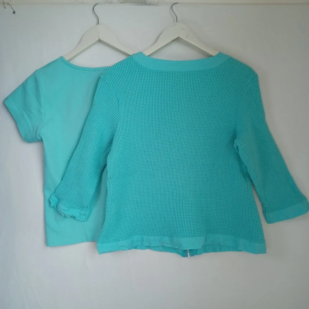 Coldwater Creek Womens Turquoise Cotton Waffle Knit‎ Zip Cardigan & Tee Set L M